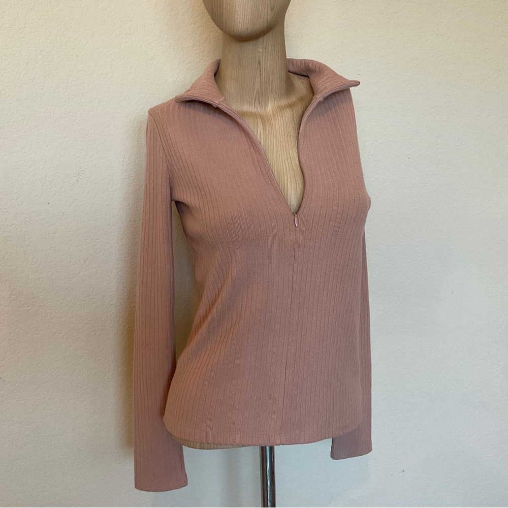 Vince Ribbed Zip-Neck Sweater in Dusty Rose